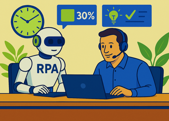 Image of a happy human worker talking on a head set with an image showing they have time for ideas and innovation sat next to a robot who has a speech bubble showing they are undertaking 30% of the online data tasks for the worker