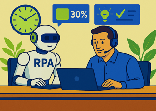 Image of a happy human worker talking on a head set with an image showing they have time for ideas and innovation sat next to a robot who has a speech bubble showing they are undertaking 30% of the online data tasks for the worker