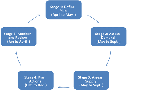 Stage 1: Define Plan (April to May) - Stage 2: Assess Demand (May to Sept) - Stage 3 Assess Supply (May to Sept) - Stage 4: Plan Actions (Oct to Dec) - Stage 5: Monitor and Review (Jan to April)