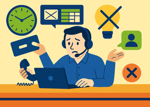 Picture of image of a human worker who is struggling to juggle all the demands of emails data entry telephone calls and customers and has no time for ideas and innovation.  The worker has a sad face and is depicted with multiple hands.
